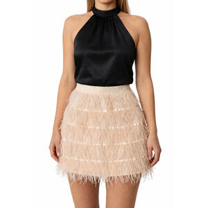 Akira Skirt Size M Ostrich Feather Mini Blush Tan Satin Trim Mini Pull On Glam